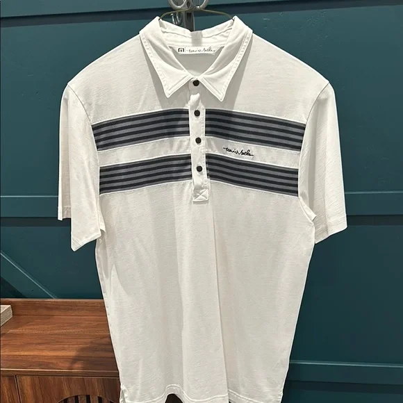 Men's White Travis Mathew Polo Shirt with black and gray stripes. - Picture 1 of 5